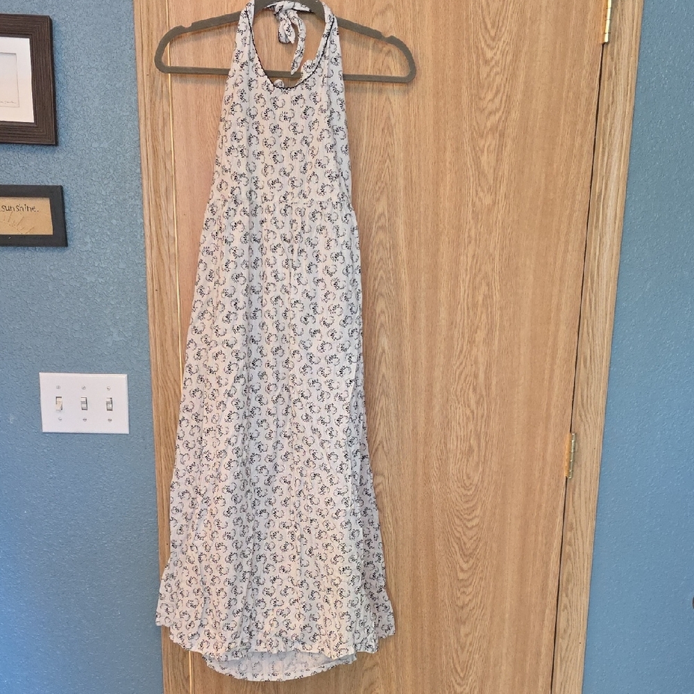 April Cornell Cream Halter Dress with Black Floral Design